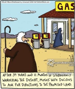 After 39 years and 11 months of stubbornly wandering the desert, Moses' wife decides to ask for directions to the promised land,